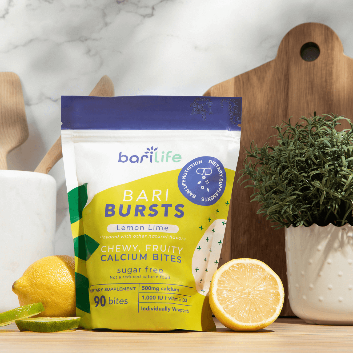 BariBurst Lemon Lime Calcium Chews - Chewy, sugar-free dietary supplement with calcium citrate and D3 for better absorption.